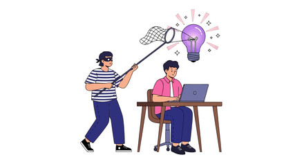 Obraz premium Vector art of a thief is trying to steal an idea from a person working on a computer in a concept of intellectual property