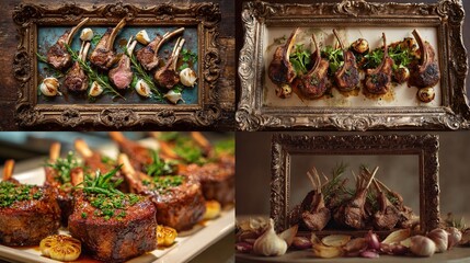 and keyword list based on the images provided

 Roasted Lamb Chops Served & Posed with Vegetables within Ornate Picture Frames.