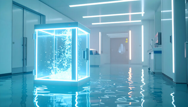 Futuristic science laboratory with illuminated containment unit and flooded floor