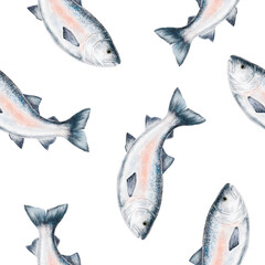 Watercolor seamless pattern with whole salmon fish on a white background. Ideal for seafood-themed textiles, restaurant branding, packaging, wrapping paper, and coastal summer designs
