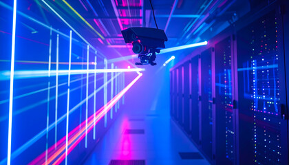 Futuristic server room surveillance with vibrant neon light beams and security camera