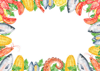 Colorful seafood watercolor frame with fish, lobster, shrimp, mussels, lemon, corn, parsley, and octopus tentacles on a white background. Ideal for menus, invitations, packaging, and summer events.
