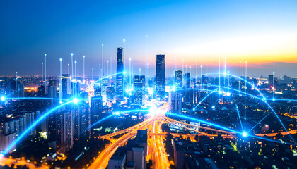 Futuristic Smart Cityscape with Communication Networks and Urban Connectivity