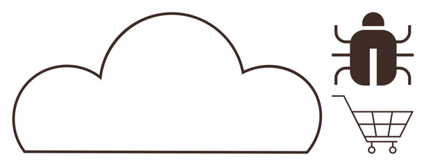 Cloud storage surrounded by a bug representing cybersecurity threats and a shopping cart symbolizing e-commerce. Ideal for technology, security, online transactions, internet, data protection, cloud
