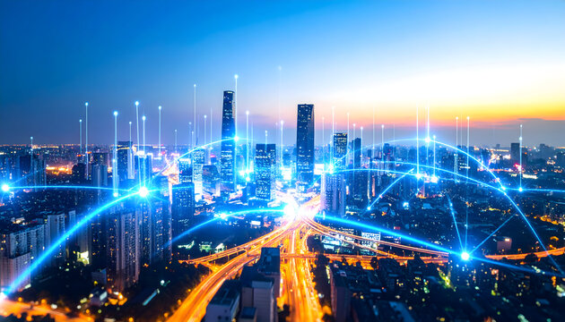 Futuristic Smart Cityscape with Communication Networks and Urban Connectivity