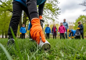 Person In Orange Gloves Picks Up A Discarded Aluminum Can From The Green Grass During A Park Cleanup With A Group Of Children Volunteers Learning In The Background, Environmental Cleanup