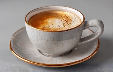 Grey Ceramic Coffee Cup with Gold Trim on a Subtle Textured Surface