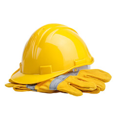 Yellow construction helmet with gloves isolated on transparent background