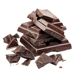 Dark chocolate chunks and bars stacked