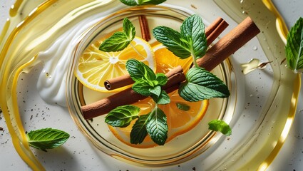A refreshing glass of herbal tea with fresh lemon slices, mint leaves, and cinnamon sticks.