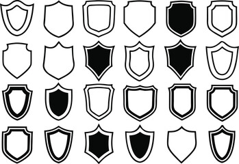 Collection of diverse shield icons in black and white