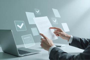 Business Professional Interacting with Digital Documents and Checklists