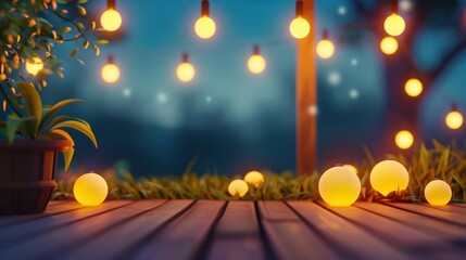 Fototapeta premium A serene summer evening spent on a patio surrounded by warm garden lights, perfect for relaxation and gatherings.