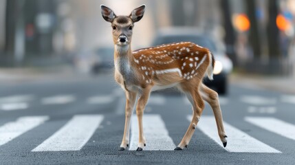 A wild deer bounds across the road, narrowly missing a moving car, highlighting urgent wildlife transport risks.