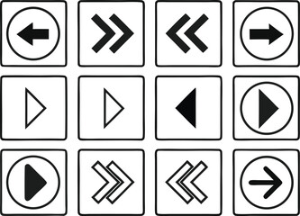 Collection of black and white navigation and media player arrow icons