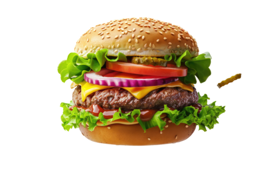 A juicy hamburger, topped with cheese, lettuce, tomato, onion, pickles, and BBQ sauce, is displayed on a black background.  A single french fry lies near the top right of the burger