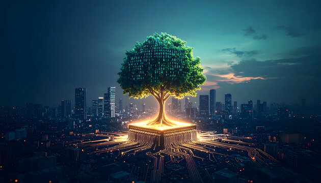 Technological growth: A tree emerges from a circuit board in a futuristic city