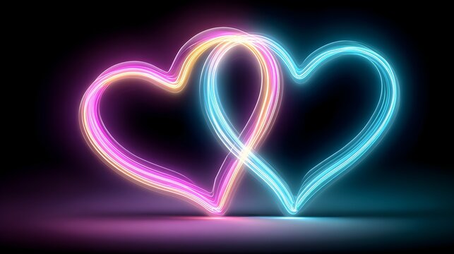 two neon hearts on a black background, neon background lighting, pink and blue neon,