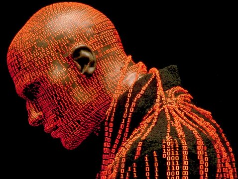 a man with a face covered in binary code code, wires from the matrix movie, still from the matrix,