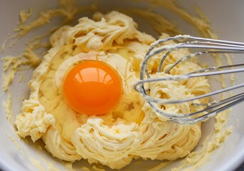 Egg yolk and butter mixture in a bowl with a whisk, preparing for baking a cake