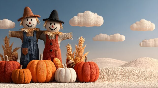 a couple of scare and scare in a field of pumpkins, pumpkin farm background, cute 3 d render,