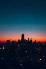 Naklejka premium City skyline silhouette with high-rise buildings and construction cranes at sunset, vibrant orange and blue twilight sky over illuminated urban landscape viewed from a distance