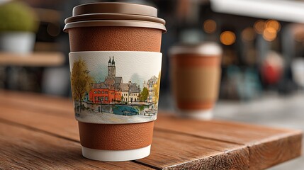 Coffee Cup with Autumnal Cityscape Sleeve on Wooden Table