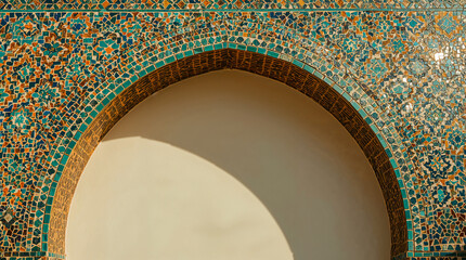 An ornate arched entryway adorned with intricate turquoise and amber mosaic tiles, casting a soft shadow.