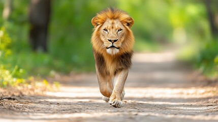 Male lion walking looking straight at the camera, national wildlife day