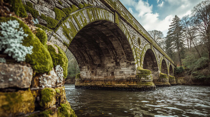 An old stone bridge covered in lush green moss spans a flowing river, surrounded by the quiet beauty of a wooded landscape under a cloudy sky.