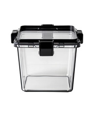 Clear plastic storage container with black accents
