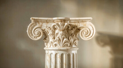Obraz premium A detailed close-up of a classical Ionic column capital, showcasing intricate scrollwork and acanthus leaf carvings, set against a muted, textured background.