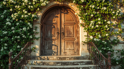 An ornate wooden door with blooming white flowers and green vines climbing on the sides. Stone steps lead up to the entrance.