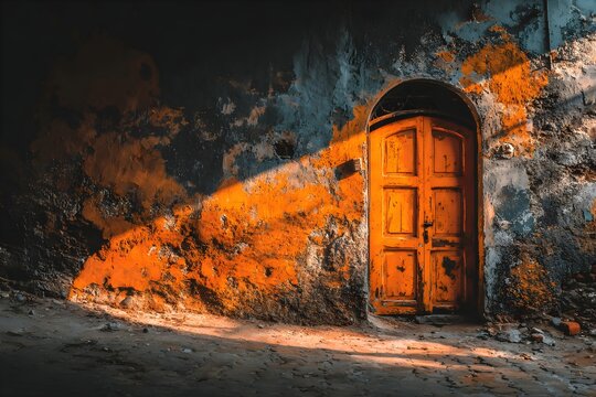 a door in a wall, rusted walls, open door, rustic yet enormous scp (secure, opening door,