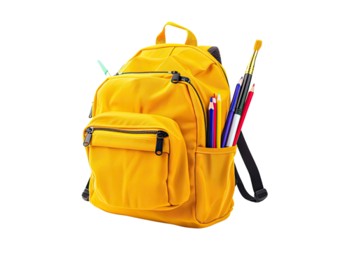A bright yellow backpack, filled with art supplies, is angled