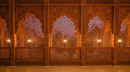 Intricate wooden latticework and archways with ornate lanterns create a warm, inviting atmosphere, showcasing traditional craftsmanship and ambient lighting.