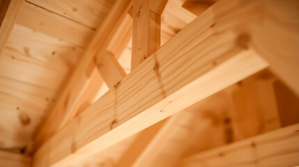 Close-up view of natural wooden beams forming a roof structure, showcasing the grain and texture of the timber.