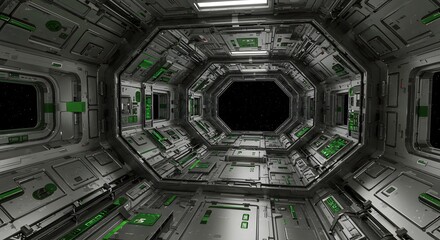 Fototapeta premium Futuristic spaceship interior corridor with glowing green accents and stars visible through window