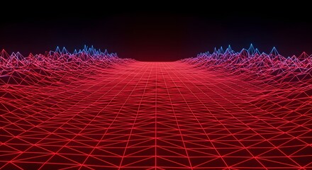 Vibrant neon grid landscape with glowing digital mountains and futuristic cyberspace road