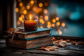 a candle on top of a stack of books, magical library bokeh, cozy candlelight, warmly lit,