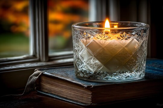 a candle sitting on top of a book, candle volumetric, dark lit candles, cozy candlelight, candle, - Powered by Adobe