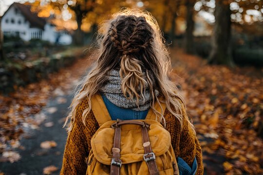 a woman with a backpack walking down a path, side portrait of a girl walking, infp young woman,