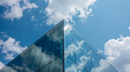 A modern glass building corner reflects the bright blue sky and fluffy white clouds, creating a striking architectural contrast.