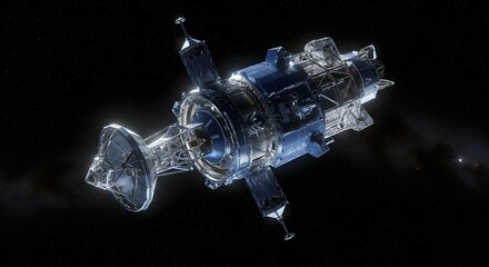 Advanced scientific spacecraft exploring deep space with detailed technology illuminated against a starry nebula background