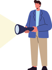 Fototapeta premium Man holding flashlight with light beam shining forward in simple vector design for search and discovery concept