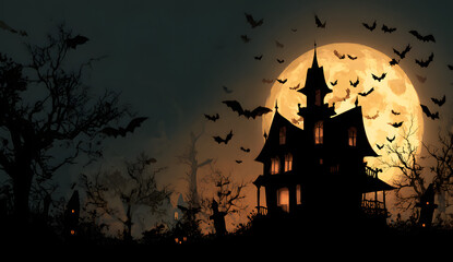 Fototapeta premium Halloween night with a spooky house and bats, halloween background.