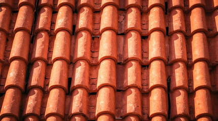 Close-up view of terracotta roof tiles, showing their textured surface and curved, interlocking pattern under warm sunlight.