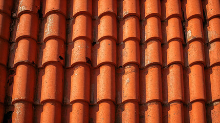 Close-up view of weathered, terra cotta roof tiles, showcasing their curved shapes and rough texture under warm sunlight, creating a rustic pattern.