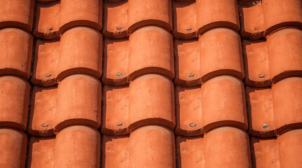 A close-up, detailed view of a terracotta tiled roof. The curved tiles overlap, creating a repeating pattern with shadows.