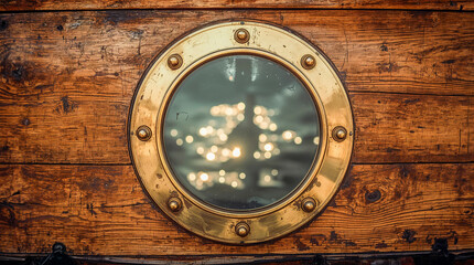 A weathered wooden ship hull with a round, brass porthole reflecting bokeh lights of a distant harbor.